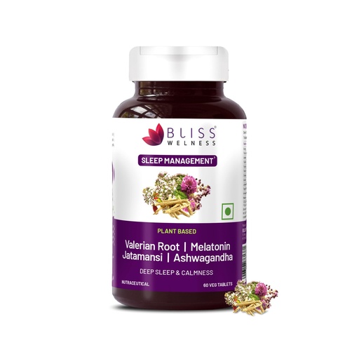 [BRSWGAA2CIMQOALA] Bliss Welness Sleep Management Valerian Root Melatonin 5 mg Jatamansi Ashwagandha | For Good Sleep Cycle | Stress & Anxiety Relief Health Supplement - 60 Veg Tablets