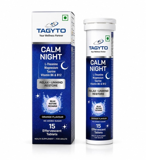 [BRSRYFLYOF7BSD34] Calm Night Effervescent Tablets | L-Theanine, Magnesium, Taurine, Vitamin B6 & B12 | Orange Flavour | No Added Sugar | Adult Health Supplement | 15 Tablets
