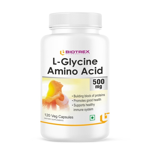 [BRSRAYIRBUPQ2GT6] Biotrex Nutraceuticals L-Glycine Amino Acid 500mg Supplement, Supports healthy sleep & immune system, Supports Brain Health 120 Veg. Capsules