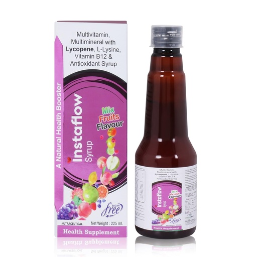 [BRSRGZAKB4MRUH3K] Instaflow Multivitamin Syrup (225 ml) & Liqui Caps (15) Combo | Vitamin B12, Lycopene & L-Lysine | Omega 3-6-9, D3, Calcium, Iron & Amino Acids | Energy & Immunity for Men & Women