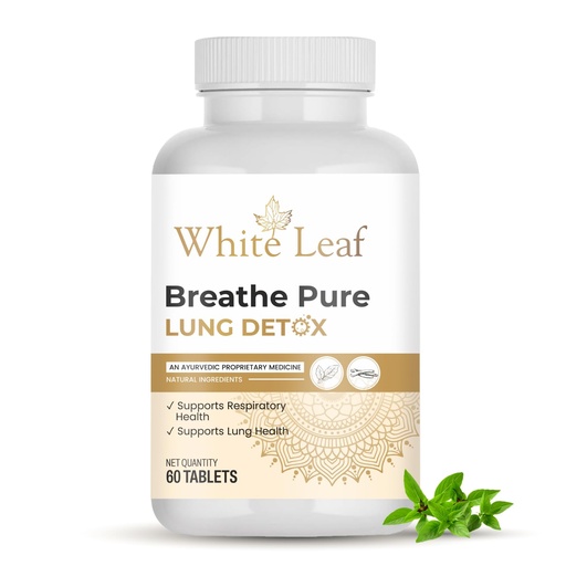 [BRSRAZIZDMIBADYZ] White Leaf Ayurvedic Breathe Pure Lung Detox Tablets(60 Count) Vegetarian, Herbal Supplement Made with Natural Extracts Tulsi, Mulethi, Vasava,Turmeric|For Lung Cleansing Detoxification