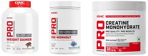 [BRSREYL3CJ5QECT4] GNC Pro Performance Pre-Workout | 360 gm | Blue Raspberry + Weight Gainer|3 Kg | Double chocolate + Creatine Monohydrate | Unflavoured | 100gm (Combo Pack)
