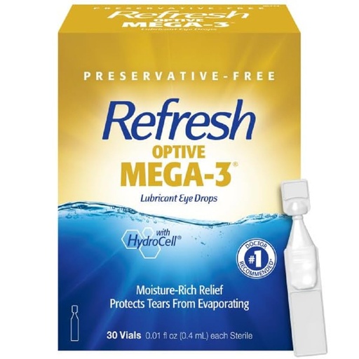 [BRSWGZQTBMBG233F] Refresh Optive Mega-3 Lubricant Eye Drops For Dry Eyes, Preservative-Free, 0.01 Fl Oz Single-Use Containers, 30 Count