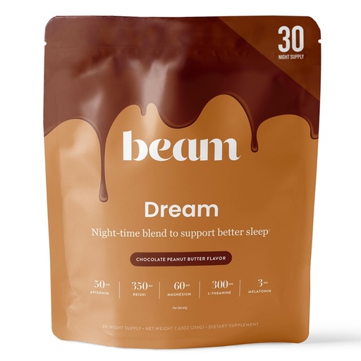 [BRSROZQPDJ6GC2TX] Beam Dream Sleep Powder – Sleep Aid for Adults with Melatonin, Magnesium, L-Theanine, Reishi Mushroom & Apigenin Sleep Supplement, Sleepy Cocoa Bedtime Drink Mix, Chocolate Peanut Butter, 30 Servings