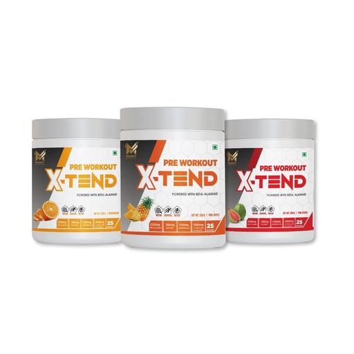 [BRSRYYAFCR6BQFLL] MUSFIT X-Tend Pre Workout | Provide a perfect balance of Endurance, Strength, Focus, Fat Burn and Energy | 250gm (Pack of 3) Combo pack | Flavour (Pineapple + Pink Guava + Orange)