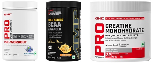 [BRSREYL3BUFAYH3J] GNC Pro Performance Pre-Workout | 360 gm | Blue Raspberry + AMP Gold Series BCAA Advanced | 400 gm | Tangy Orange + Creatine Monohydrate | Unflavoured | 100gm (Combo Pack)
