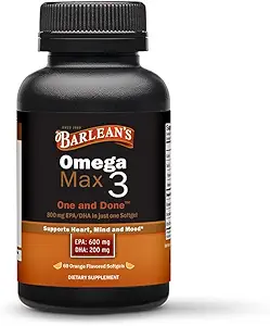 [BRSREZABOZYRA33O] Barlean's Ideal Omega Max 3 Fish Oil Supplements, 1000 mg Softgels, EPA and DHA Fatty Acid Pills for Men and Women, Orange Flavor, 60 Count