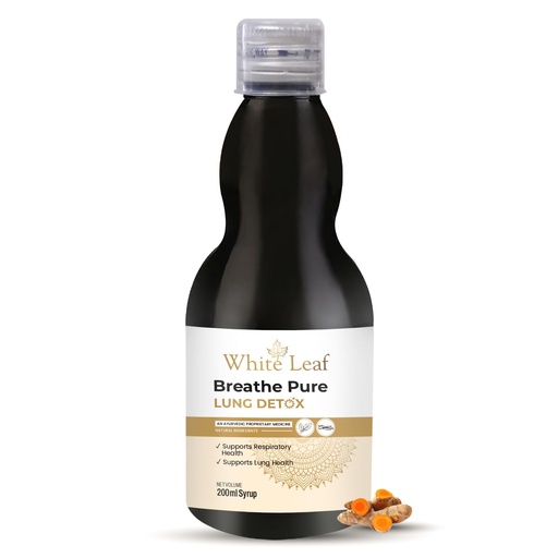 [BRSRAZI2OB5GG2Q4] White Leaf Ayurvedic Breathe Pure Lung Detox Syrup (200 ml) Herbal Supplement | Made with Natural Extracts Tulsi, Mulethi, Vasaka, Pippali, & Turmeric | Sugar Free for Lung Detoxification