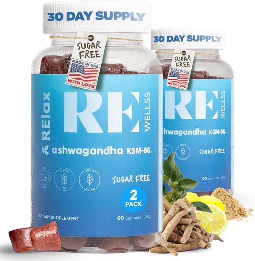 [BRSRAHY5B4FQ2FDB] Ashwagandha & Vitamin D Gummies | Nahrungsergänzungsmittel | KSM 66 Ashwagandha Stress für Unterstützung 300mg | L-Theanin Zitronenbalsam | Natürliche Kräuter Non-GMO Zucker kostenlose Gluten & Gelatin Free | 2 Pack