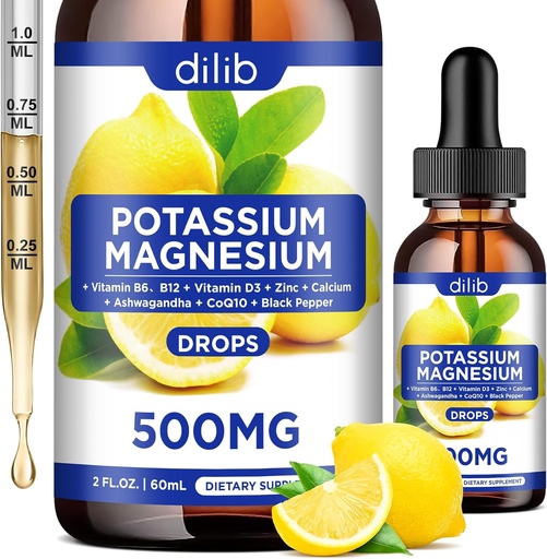 [BRSRAZTQA4PGYCT5] Potassium Magnesium Citrate Supplement, Liquid Magnesium Citrate Drops 500mg with Ashwagandha, Calcium, Zinc, Vitamin D3, B6, B12, CoQ10 - Vegan 2 fl oz Lemon Flavor