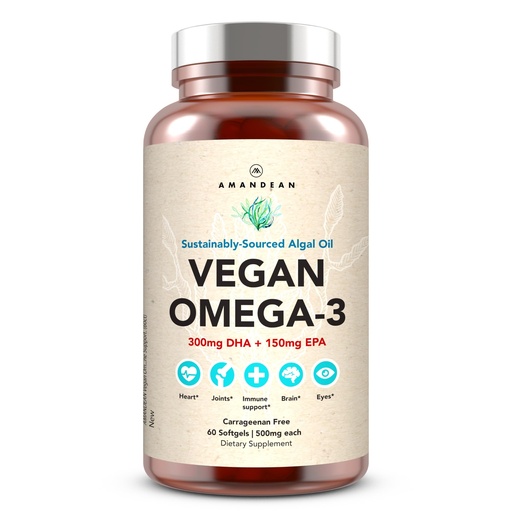 [BRSRAEI6BMPWMA3F] AMANDEAN Vegan Omega 3 Supplement. Premium Fish Oil Alternative. Algae DHA & EPA. Carrageenan Free Softgels. Algal Essential Fatty Acids. Plant Based Heart, Brain, Eye, Skin, Immune Support. (60ct)