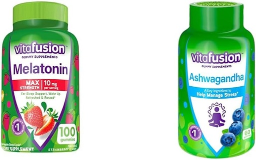 [BRSRAYYYCENAI33U] Vitafusion Max Strength Melatonin Gummy Supplements, 100 Count Ashwagandha Gummies, 60 Count