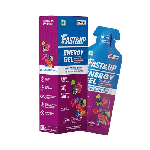 [BRSRGY37O4BQO2DZ] Fast&Up Energy Gel - Mixed Berry Flavour (Caffeinated) - Pack of 6 Gel Sachets, 39g per Sachet - for Instant Energy Boost, Improved Endurance and Performance