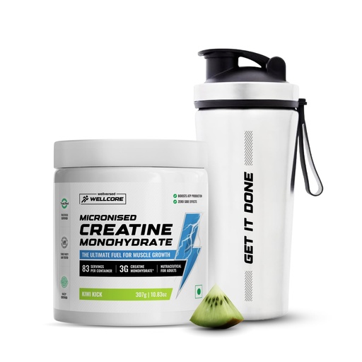[BRSREFIYAUHAME3A] Wellcore Micronised Creatine Monohydrate (Creatine 83, Kiwi Kick) + Premium Steel Shaker | Enhanced Muscle Growth & Fast Recovery | Trustified Certified
