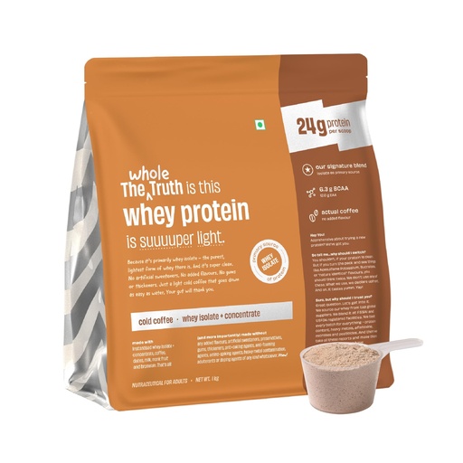 [BRSROHQLOAIRME37] The Whole Truth Whey Protein Isolate+Concentrate | Cold Coffee 1 kg (2.2 lbs) | 24g Protein per scoop | 6.4g BCAA | No Adulteration | Clean, Light & Easy to Digest | Vegetarian