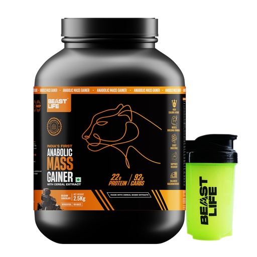 [BRSRGFT7CJ6Q2H3G] Beast Life High Protein Mass/Weight Gainer | 2.5 KG | Belgian Chocolate with Free Shaker | NABL LAB Tested | For Muscle Gain & Fast Growth | Cereal-Based Formula, No Maltodextrin | India's #1 Cereal Based Bulk Gainer
