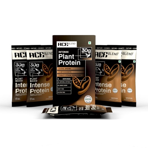 [BRSREGTQCABWMALH] Ace Blend Intense 30g Plant Protein | Supports Muscle Growth & Recovery | Reduces Post-Workout Fatigue | 6g BCAA Amino Profile | Easy to Digest | For Men & Women | Mocha (5 Servings, 215g)