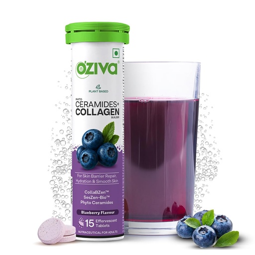 [BRSRGYYRCV4AY3DG] OZiva Phyto Ceramides+ Collagen Builder, Skin Hydration, Blueberry, 15 Tabs