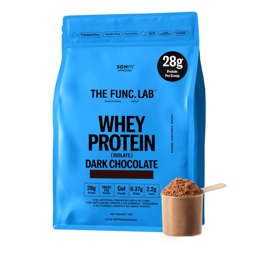 [BRSRGC3RB4OW23TX] The Func. Lab Whey Protein Isolate - Dark Chocolate | 1kg | Grass‑Fed, 28g Protein, 6.37g BCAA per Scoop | High Protein Supplement for Muscle Growth, Digestion and Absorption Support