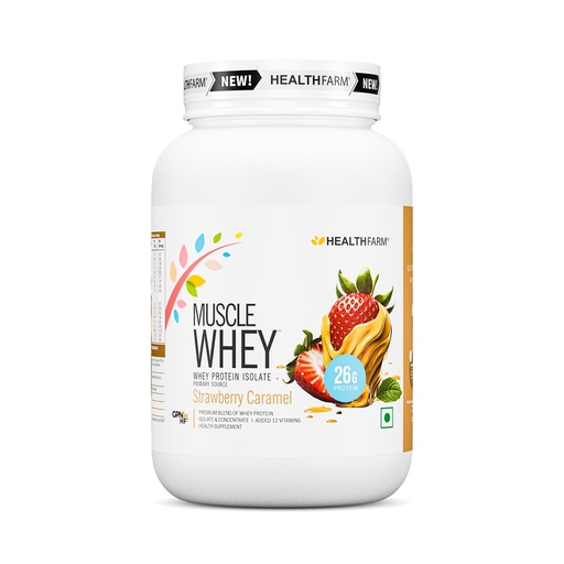[BRSROEACCAJW2YL7] Healthfarm Muscle Whey Protein Powder | High Protein Supplement | 26g Protein Per Serving | Supports Lean Muscle, Recovery & Performance | Strawberry Caramel | 1kg