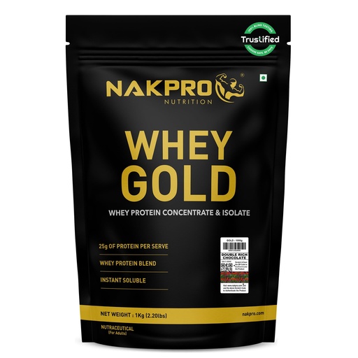 [BRSRMHQTO4IW2GYY] NAKPRO NUTRITION Gold Whey Protein Concentrate & Isolate 1kg Double Rich Chocolate flavour | 25.5g Protein, Trustified Certified