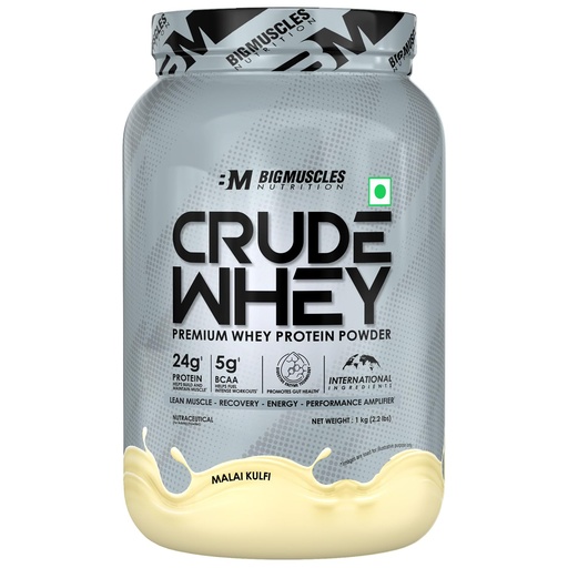 [BRSWGBADDNYWCFDU] Bigmuscles Nutrition Crude Whey (Malai Kulfi) 1kg | US FDA REGD. BRAND | 24g Protein, 5.5g BCAA, 4 g Glutamine