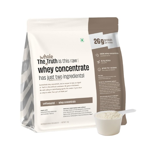 [BRSROHQKB4IB4FY4] The Whole Truth Whey Protein Concentrate Unflavoured |1 kg (2.2 lbs) | 26g Protein per scoop | 6.4g BCAA | No Adulteration | Clean and Light | Muscle Building | Vegetarian