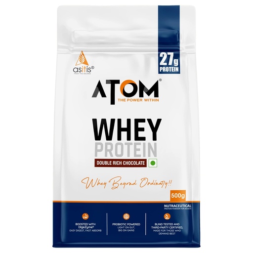 [BRSW2HY6A55RSCTO] AS-IT-IS ATOM Whey Protein 500g | 27g protein | Isolate & Concentrate | Double Rich Chocolate | USA Labdoor Certified | With Digestive Enzymes for better absorption