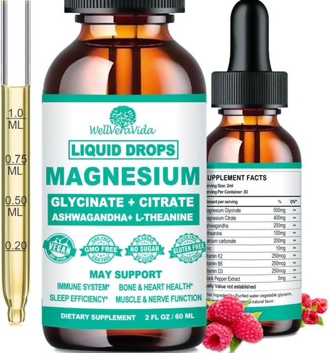 [BRSROCDQOINAMETV] Magnesium Glycinate 500mg, Calm Magnesium Glycinate, Citrate with Vitamin D3 K2 B6 Ashwagandha, L-Theanine, Chelate Magnesium Complex Supplement Liquid Drops for Immune Sleep Bone Mood Nerve Health