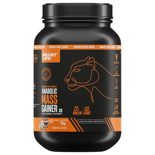 [BRSRYZQOAAHBQ33J] BeastLife High Protein Mass/Weight Gainer | 1 KG | Cookies & Cream | NABL LAB Tested | For Muscle Gain & Fast Growth | Cereal-Based Formula, No Maltodextrin | India's #1 Cereal Based Bulk Gainer