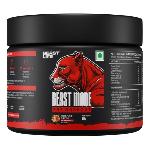 [BRSREHD2DMCQYCAV] Beastlife Pre-Workout | 105 gm | Fruit Punch Flavor | Boosts Pump & Energy | Speeds Up Recovery | 2000 mg Citrulline | 2500 mg Beta-Alanine | 200 mg Caffeine | 500 mg Betaine