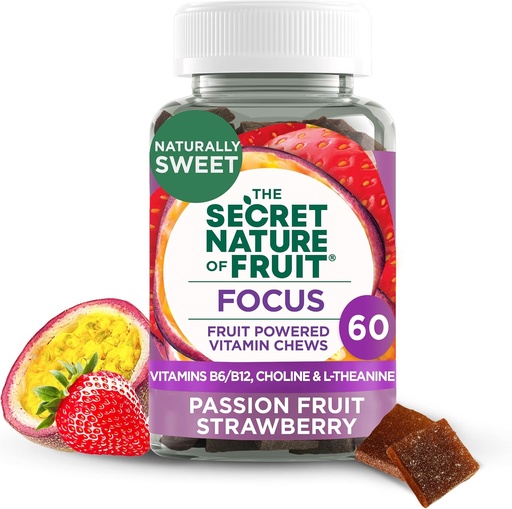 [BRSRM23QOUIWEAYV] The Secret Nature of Fruit Focus Chews, Real Fruit Powered Vitamin Chews with Vitamins B6 & B12, Choline, L-Theanine, Passion Fruit & Strawberry for Mental Clarity, Gummy (60 Count)