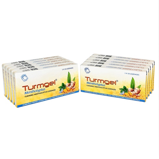 [BRSWGZ36B55BMCIV] Turmgel Mentholyptus Turmeric Lozenges| Maintains Oral Hygiene & Relief from Cough, Cold & Sore Throat| Pack of 10 (100 Lozenges) Sharpens Immunity| Sugar-Free| Available in Pack of 1, 3, 10 & 18