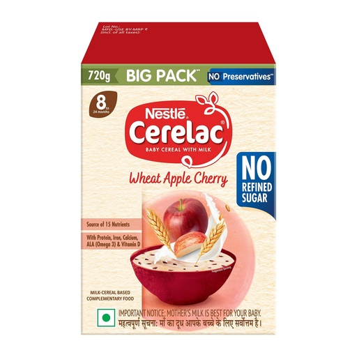 [BRSRAAIKAF6WAALU] Nestlé CERELAC Baby Cereal Wheat Apple Cherry, No Refined sugar STG-2, 720g