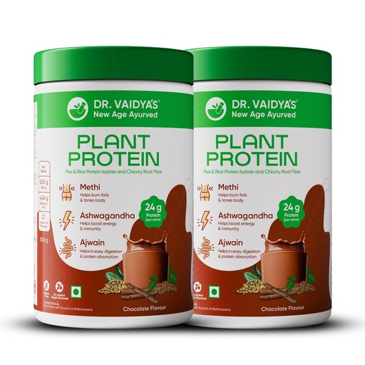 [BRSRMAIHO57GACLL] Dr. Vaidya’s Plant Protein Powder | Ayurvedic Pea Protein with Ashwagandha, Methi & Ajwain | 24g Protein per Serving | Muscle Gain, Energy & Weight Loss | 500g Chocolate Flavour (Pack of 2)