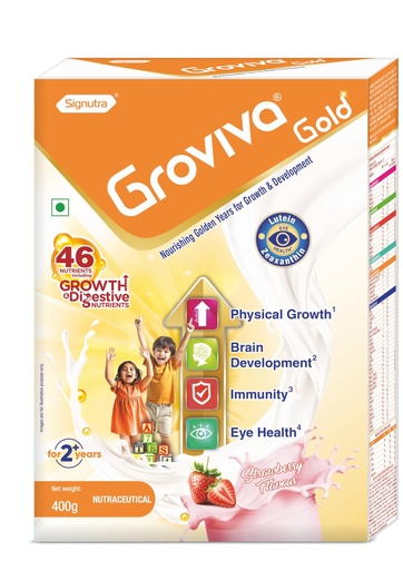 [BRSREHT6DIPB6HTD] Groviva Gold Milk Protein Powder for Kids | 2-6 Years | 400g Strawberry BIB| 46 Nutrients | Growth & Digestive Nutrients | Supports Physical Growth, Brain Development, Immunity & Eye Health