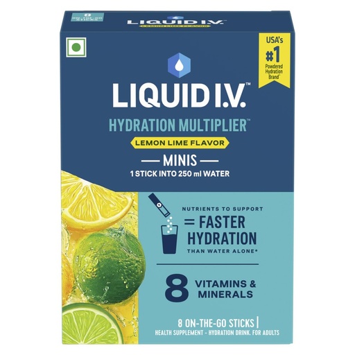 [BRSRGYAEDFYAEDTG] LIQUID I.V. Mini Hydration Multiplier- Lemon Lime| Pack Of 8| Sodium & Potassium| Hydration Drink Mix| Easy Mix Sticks| No Artificial Sweeteners| No Caffeine| Half Serve|8x8g