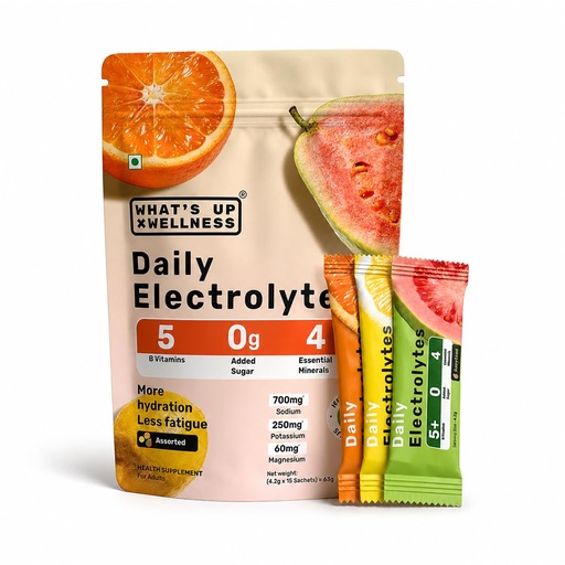 [BRSRGBIYPICBQAL3] What's Up Wellness Daily Electrolytes Powder - Assorted Flavour Pack | Zero Added Sugar | Instant Hydration - Sodium, Potassium, Magnesium & Zinc | Vegan - 15 Sachets