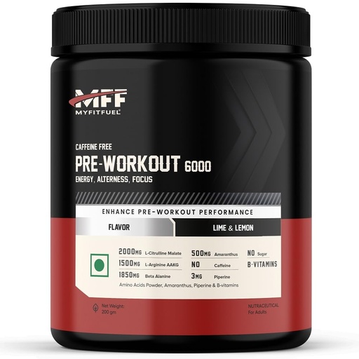 [BRSREHYZA4HQE2T5] MyFitFuel Pre Workout 6000 (Caffeine Free) (200g LimeLemon) 3500mg L-Citrulline Malate+L-Arginine AAKG), 1850mg Beta Alanine, Amaranthus, Vit. B, Fast Absorption Tingling Effect Pre Workout Supplement
