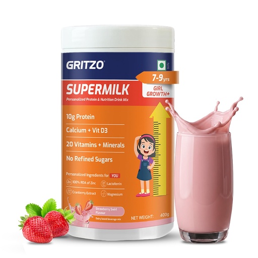 [BRSRGAYQOQPWMCY6] Gritzo SuperMilk Growth+ (7-9y Girl), Strawberry Swirl, 400g