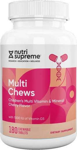 [BRSWGGLYBYFBEA3U] Delicious Kids Multivitamin, 180 Vegetarian Chews – Complete Children’s Supplement with Essential Vitamins and Minerals - Vitamin A, B, C, D3, Calcium, Iron, Folic Acid, Zinc – Cherry Flavor