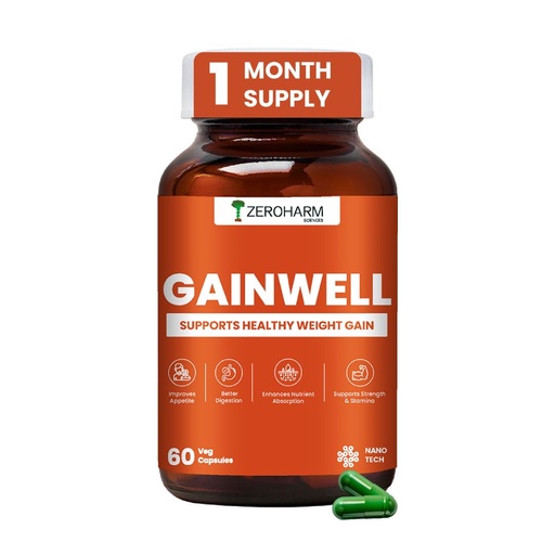 [BRSRY2Q2BUMREG33] ZeroHarm GainWell Capsules | Ayurvedic Weight Gainer Supplement | Kaunch Beej, Kulanjan, Shatavari, Ashwagandha & Vidarikand | Improves Digestion, Appetite & Nutrient Absorption | 60 Capsules