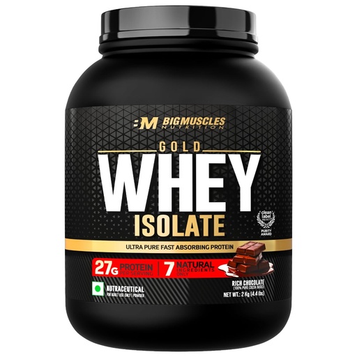 [BRSREHQ7A4NQMGY3] Bigmuscles Nutrition Gold Whey Isolate (2kg, Rich Chocolate) | 27g Whey Protein Isolate 90% | 7 Natural Ingredients Only | 0 Added Sugar | Clean Label Project Purity Award USA