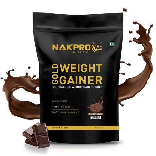 [BRSWGBINDMMRGCT3] NAKPRO GOLD WEIGHT GAINER | High Carbs & High Calorie | 13g Protein, 80g Carbs |Added Vitamins & Digestive Enzymes|Easy Mixing, Digesting Powder for Men & Women | 1 Kg Chocolate Flavour (10 Servings)