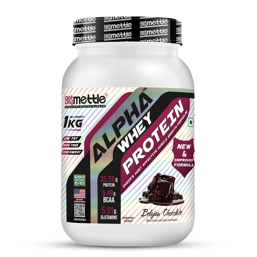 [BRSRMAYEPIBAIYA3] Getmymettle Alpha Whey Protein Powder, Belgian Chocolate (1kg / 2.2lbs) | 35.06g Protein Per Serving | High Protein for Muscle Growth & Recovery | Fast Absorption | Gym Nutrition
