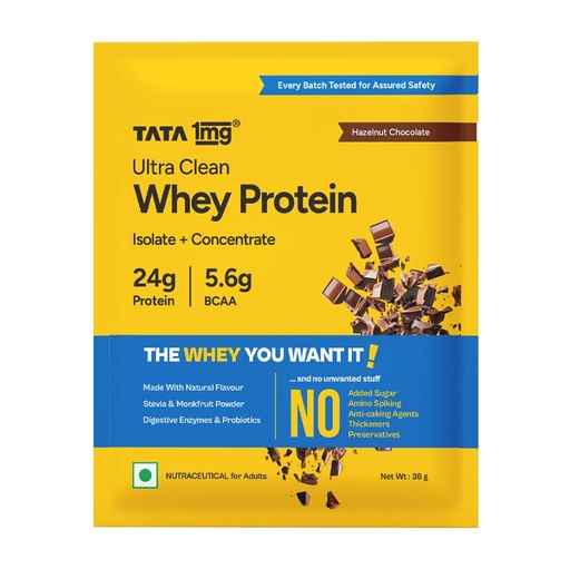 [BRSREGAQOVYQKDQ4] Tata 1mg Whey Protein | Hazelnut & Chocolate | 24g protein | 36g