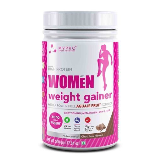[BRSW2ZAYAACB6GT2] Mypro Sport Nutrition High Protein Women Weight Gainer For Increase Muscle With Full Power With (24 Vital Nutrients,3 Best Qaulity Protien) For Women (Chocolate - 500Gm)