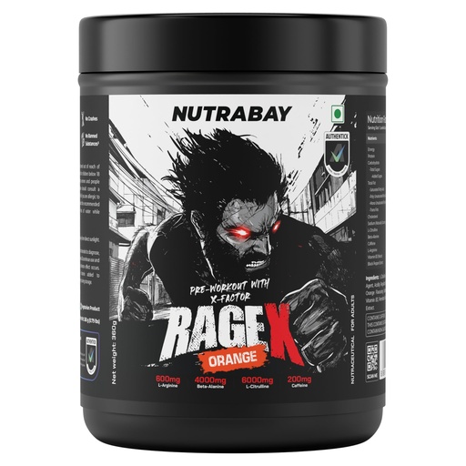 [BRSRGFD3BYGQEH3A] Nutrabay RageX Pre Workout Supplement Powder - 360g, Orange | 200mg Caffeine, 4g Beta Alanine, 6g L-Citrulline, 600mg L-Arginine, & Black Pepper | Muscle Pump & Performance