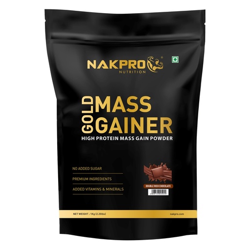 [BRSRMHD7AAJQED3B] Nakpro Gold Mass Gainer Powder 1 Kg, Double Rich Chocolate| Lean Muscle Whey Protein Mass Gainer | 21g Protein, 68g Carb, 372 Calories Per Scoop for Muscle Support & Muscle Mass Gain