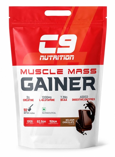 [BRSRY2QHCMDRQ23G] C9 Nutrition Muscle Mass Gainer Powder 4.5kg | 82.5g Protein, 159g Carbohydrates, 3g Creatine, L-Glutamine & BCAA | Weight Gainer for Men & Women | Belgium Chocolate | (55 Servings 4.5kg)